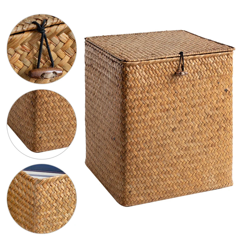 Large Capacity Picnic Basket Straw Woven Bins Storage Boxes Handmade Seagrass Containers Rattan Cases with Lids Home Storage