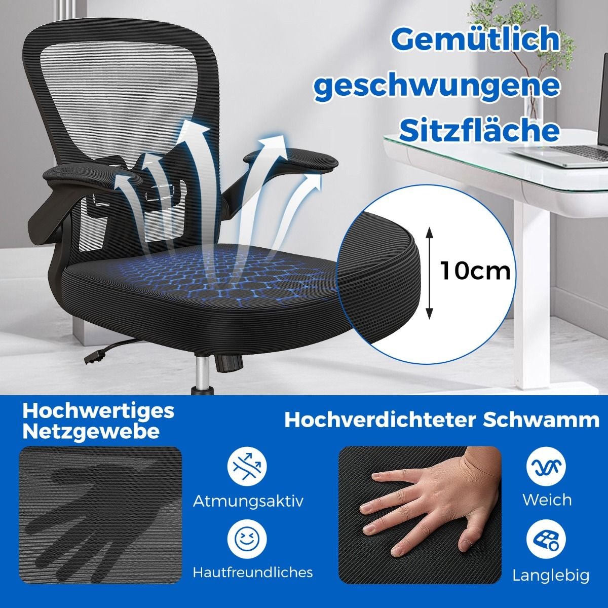 Ergonomischer Bürostuhl Mit Hochklappbaren Armlehnen & Verstellbarer Lendenstütze & Wippfunktion