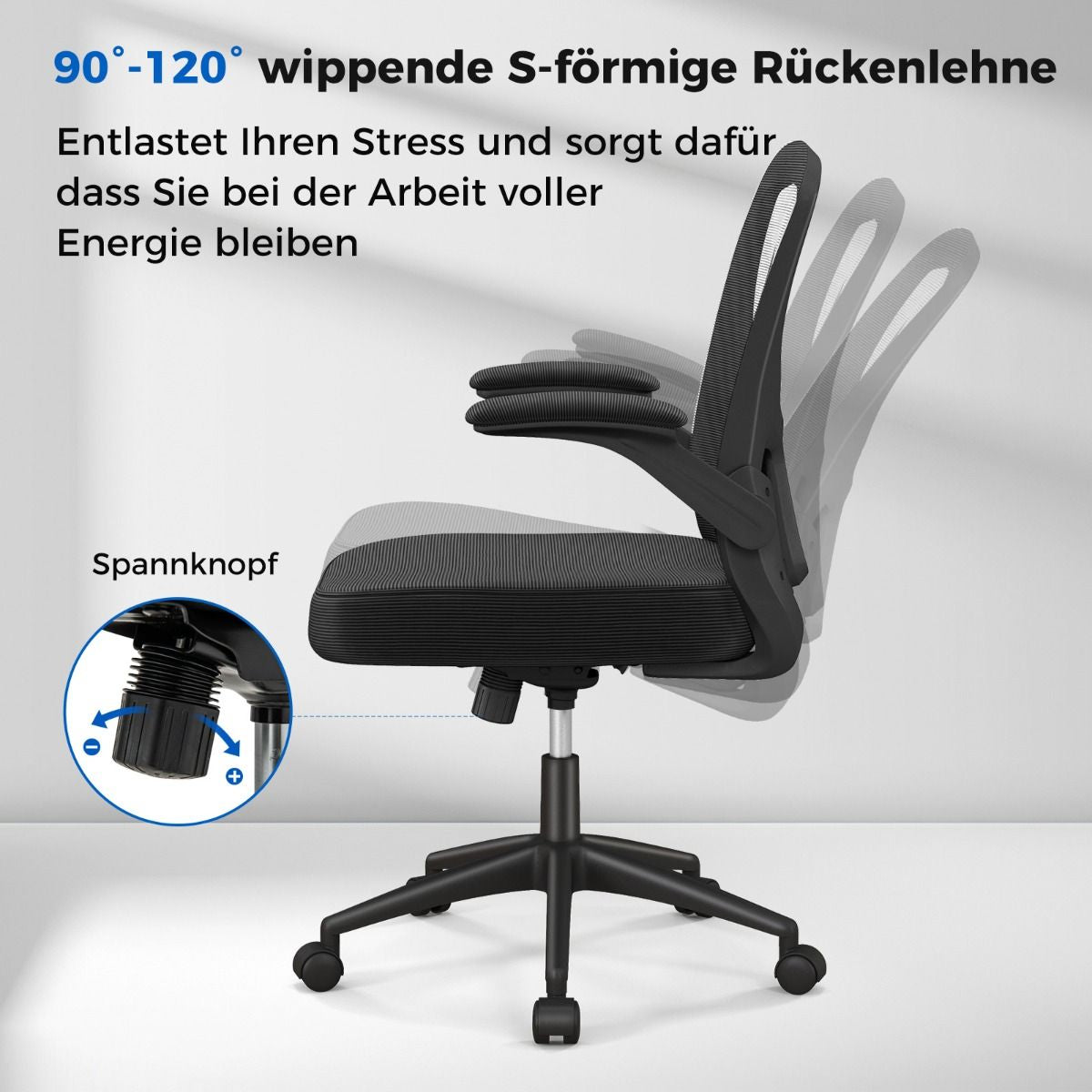 Ergonomischer Bürostuhl Mit Hochklappbaren Armlehnen & Verstellbarer Lendenstütze & Wippfunktion
