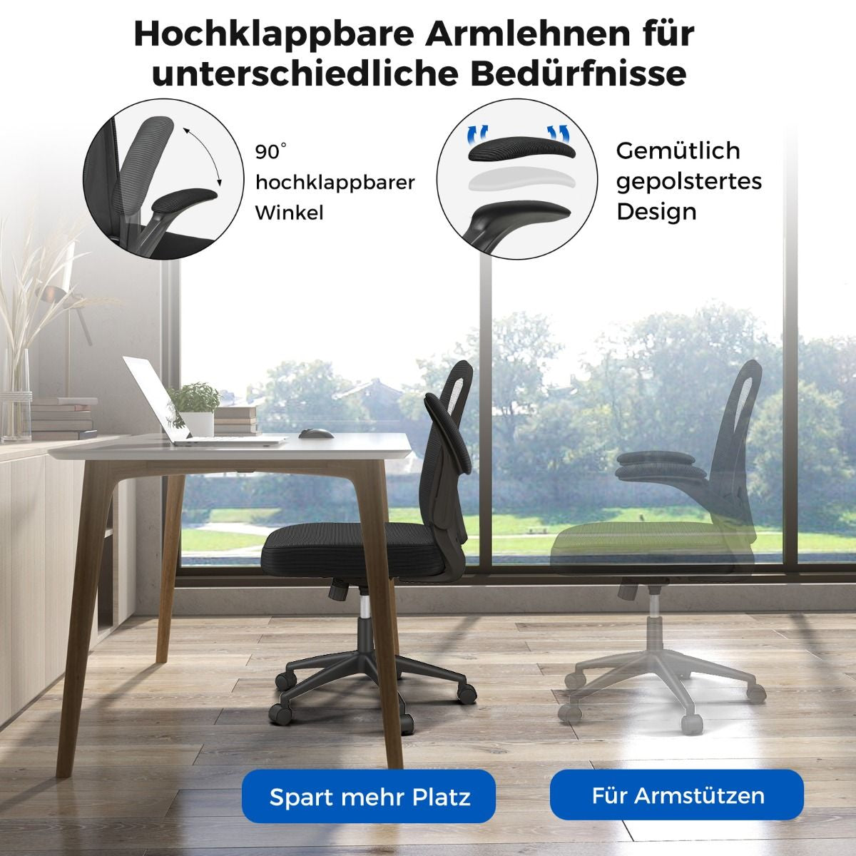 Ergonomischer Bürostuhl Mit Hochklappbaren Armlehnen & Verstellbarer Lendenstütze & Wippfunktion