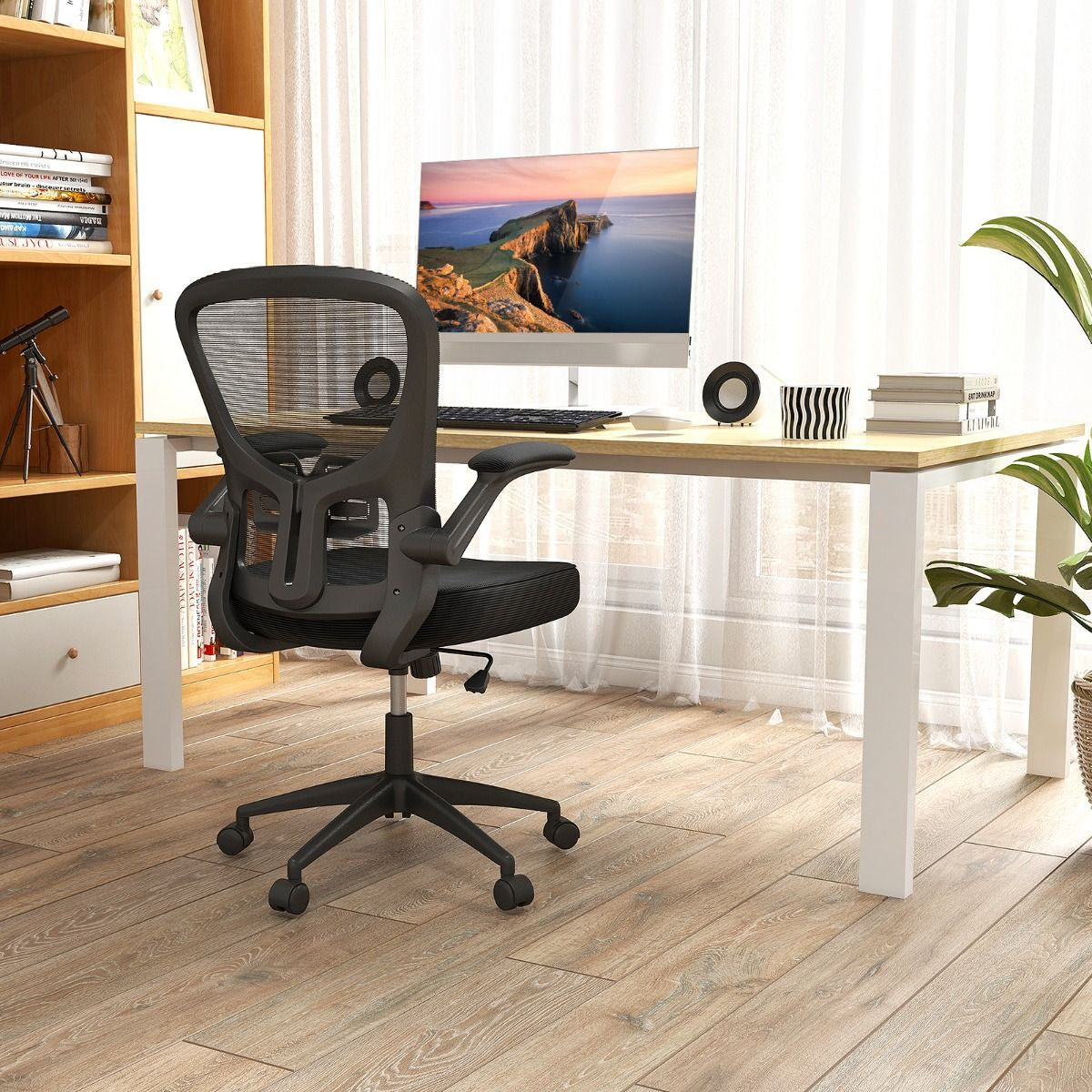 Ergonomischer Bürostuhl Mit Hochklappbaren Armlehnen & Verstellbarer Lendenstütze & Wippfunktion