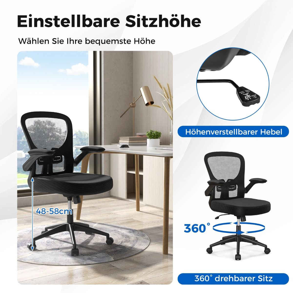 Ergonomischer Bürostuhl Mit Hochklappbaren Armlehnen & Verstellbarer Lendenstütze & Wippfunktion