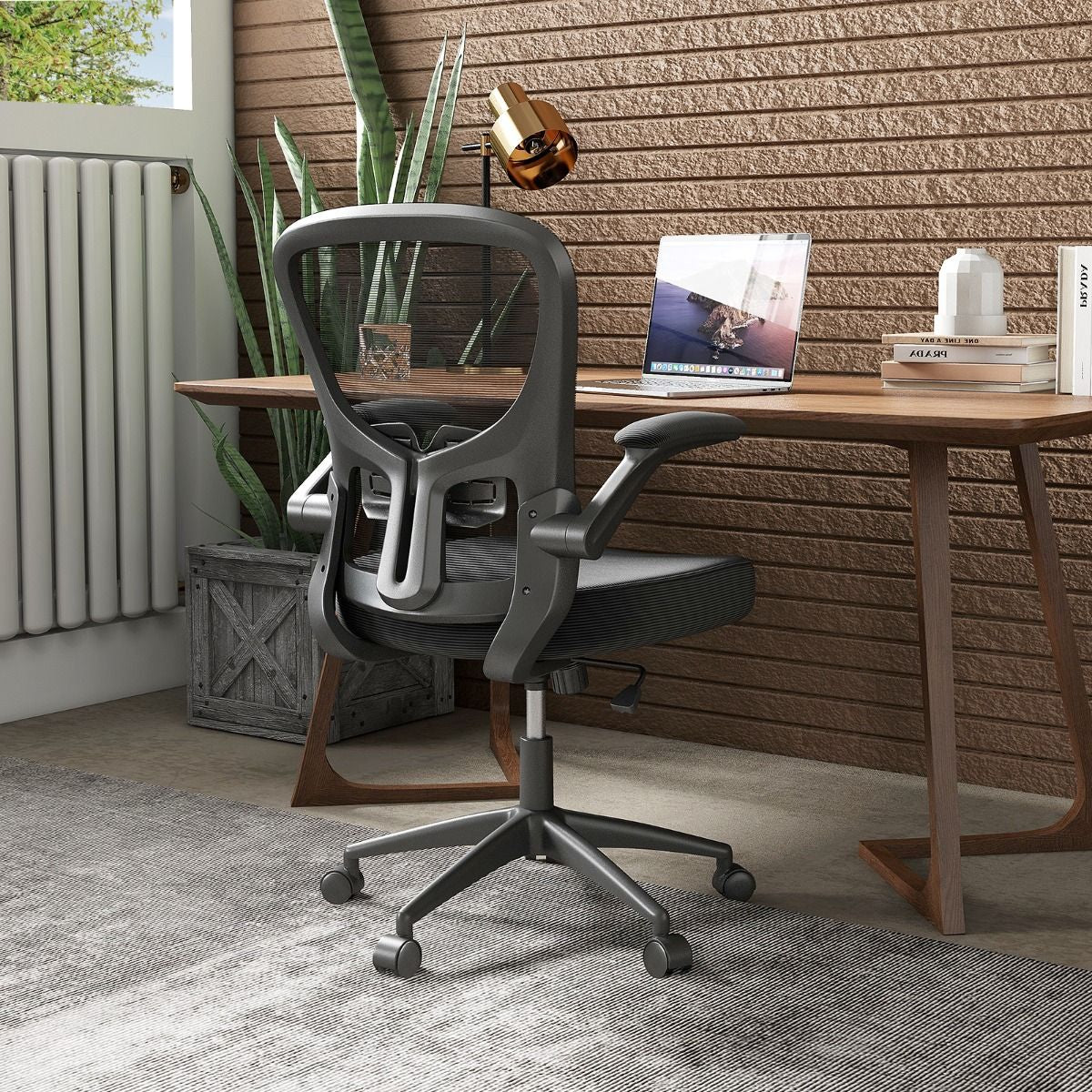 Ergonomischer Bürostuhl Mit Hochklappbaren Armlehnen & Verstellbarer Lendenstütze & Wippfunktion