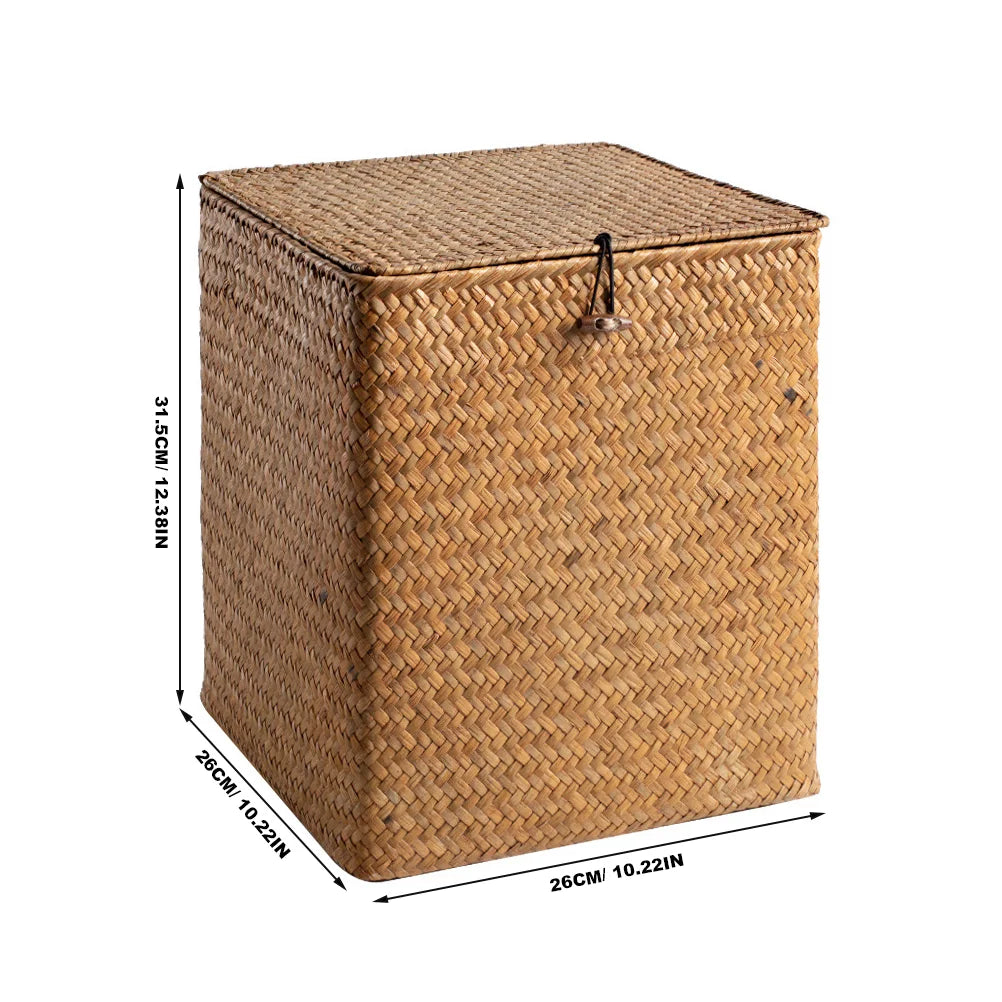 Large Capacity Picnic Basket Straw Woven Bins Storage Boxes Handmade Seagrass Containers Rattan Cases with Lids Home Storage
