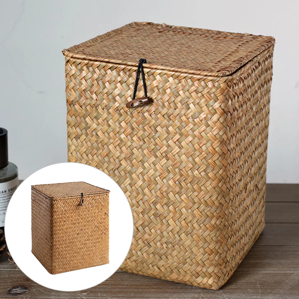 Large Capacity Picnic Basket Straw Woven Bins Storage Boxes Handmade Seagrass Containers Rattan Cases with Lids Home Storage