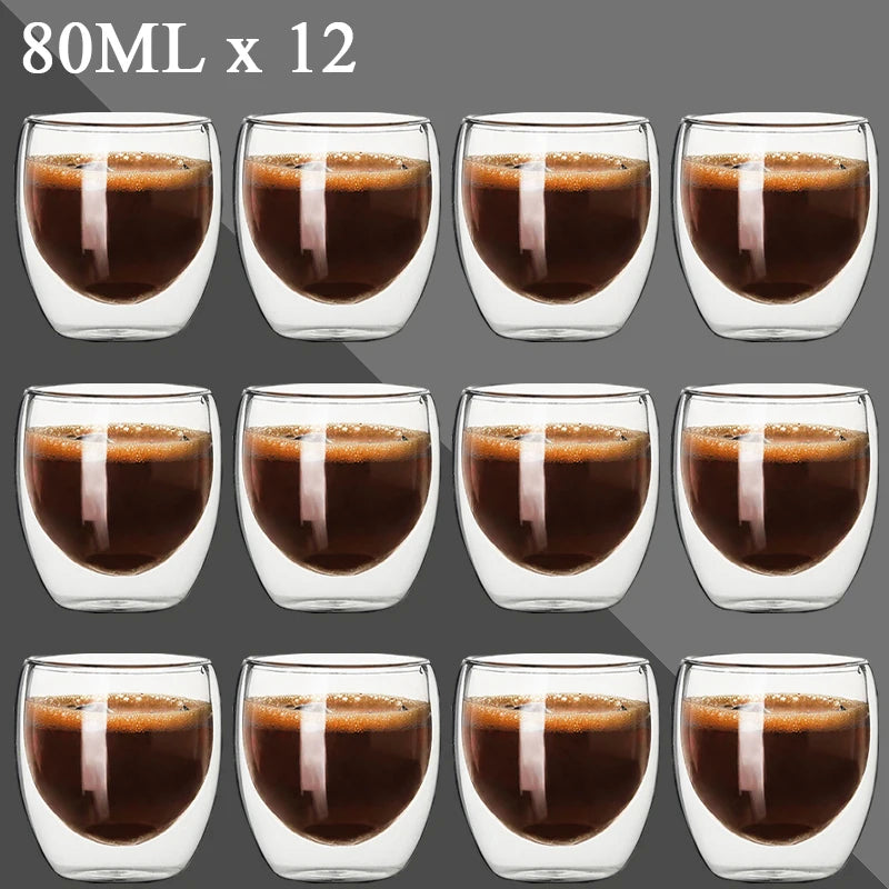 2-12PCS 80ML Double Wall Glass Cup Transparent Handmade Heat Resistant Tea Drink Whisky Wine Set Espresso Coffee Milk Mugs Gift