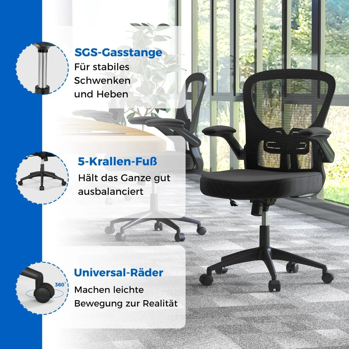 Ergonomischer Bürostuhl Mit Hochklappbaren Armlehnen & Verstellbarer Lendenstütze & Wippfunktion