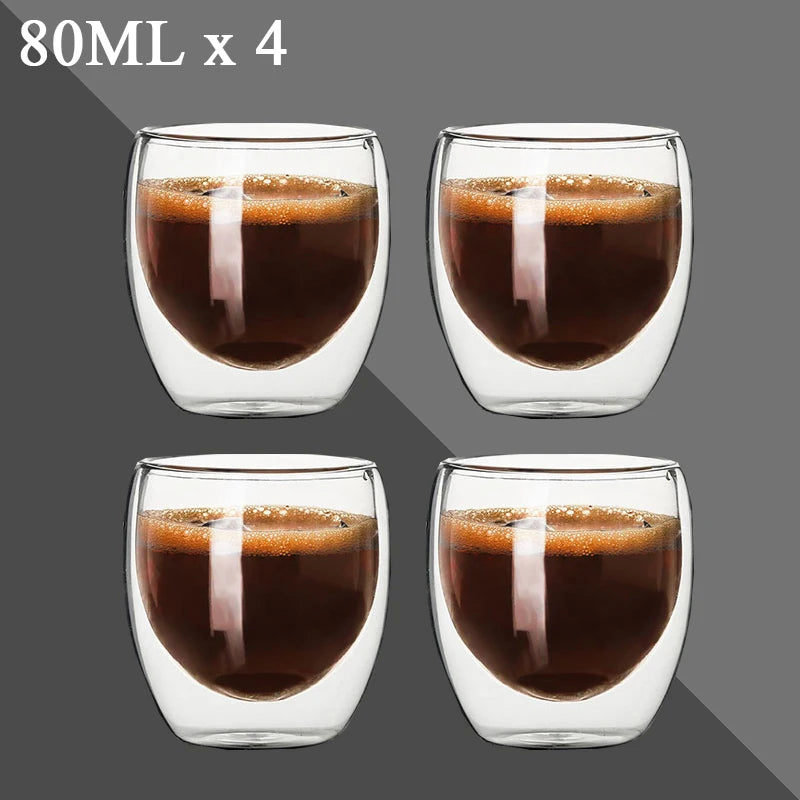 2-12PCS 80ML Double Wall Glass Cup Transparent Handmade Heat Resistant Tea Drink Whisky Wine Set Espresso Coffee Milk Mugs Gift
