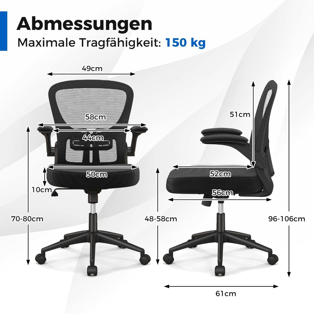 Ergonomischer Bürostuhl Mit Hochklappbaren Armlehnen & Verstellbarer Lendenstütze & Wippfunktion
