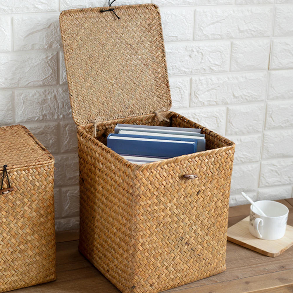 Large Capacity Picnic Basket Straw Woven Bins Storage Boxes Handmade Seagrass Containers Rattan Cases with Lids Home Storage