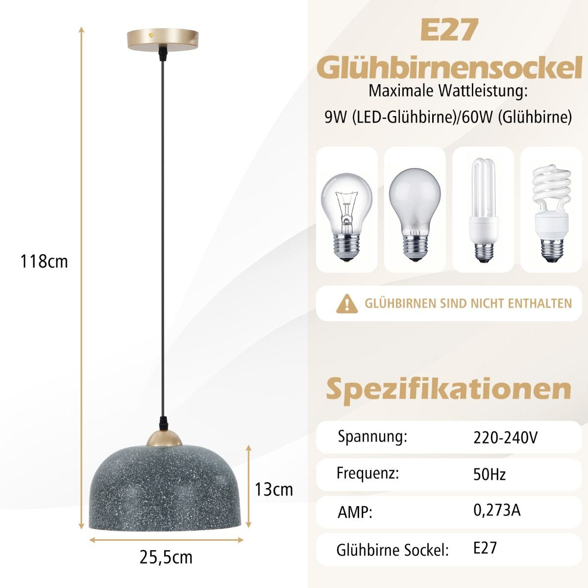 Deckenleuchte Mit Verstellbarem Hängekabel & E27 Sockel Pendelleuchte Hängelampe Grau