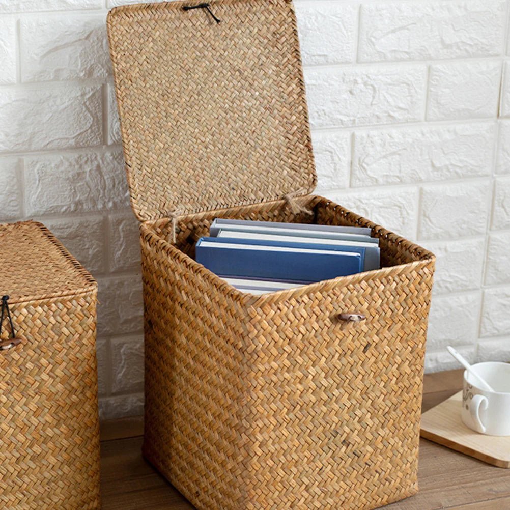 Large Capacity Picnic Basket Straw Woven Bins Storage Boxes Handmade Seagrass Containers Rattan Cases with Lids Home Storage