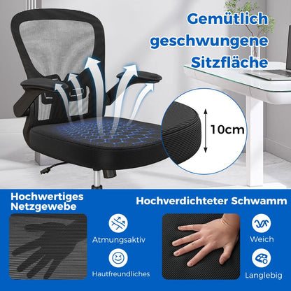 Ergonomischer Bürostuhl Mit Hochklappbaren Armlehnen & Verstellbarer Lendenstütze & Wippfunktion