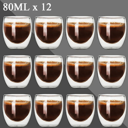 2-12PCS 80ML Double Wall Glass Cup Transparent Handmade Heat Resistant Tea Drink Whisky Wine Set Espresso Coffee Milk Mugs Gift