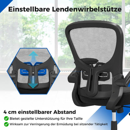 Ergonomischer Bürostuhl Mit Hochklappbaren Armlehnen & Verstellbarer Lendenstütze & Wippfunktion